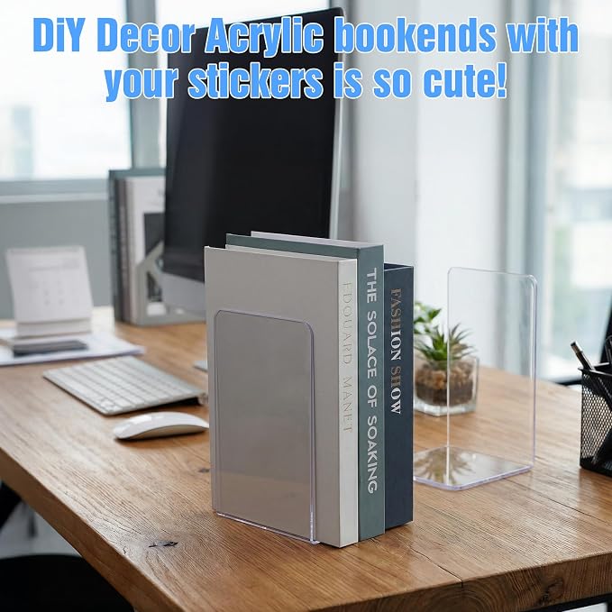24 Pieces Book Ends, Clear Acrylic Bookends for Shelves, Heavy Duty Book Holders, Non Skid Decorative Bookends or School, Library,Desktop Organizer and Book Shelves Office, 4.9 x4.33 x 7.08in