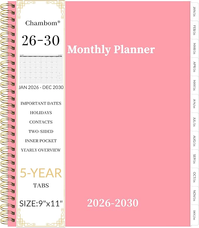 2026-2030 Monthly Planner 5 Year Monthly Planner/Calendar 2026-2030, Jan 2026 – Dec 2030, 9" x 11", Tabs, Double-Side Pocket, Holidays, Thick Paper - Pink