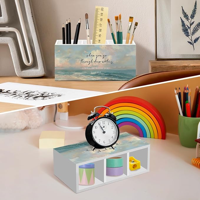 Christian Isaiah 43:2 Pen Pencil Holder Gifts for Women Desk, Beach Summer Bible Office Desk Accessories, Religious When You Go Through Deep Waters Pen Holders Organizer for Bathroom Office