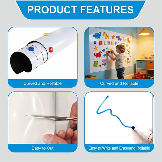 Whiteboard Adhesive Contact Paper, 95×48" in Magnetic Whiteboard Roll, Dry Erase Board for Wall. Ideal for Schools, Offices, and Homes. Includes Markers and Dry-Erase Board.