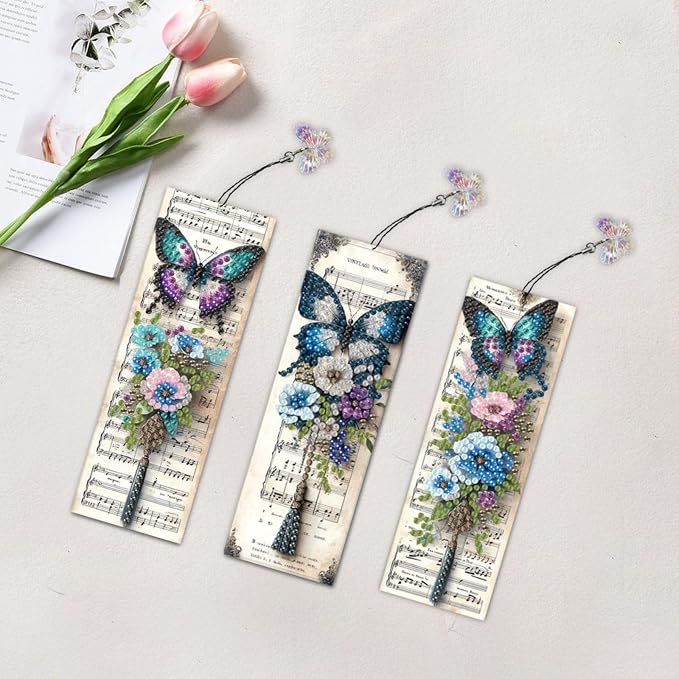 ARTopet 3Pcs DIY Diamond Art Painting Bookmarks with Colorful Butterfly Pendant PET Bookmark Ornament Double Sided Pattern Single Sided Diamond Book Marker Clip Gifts Tags-Butterfly04