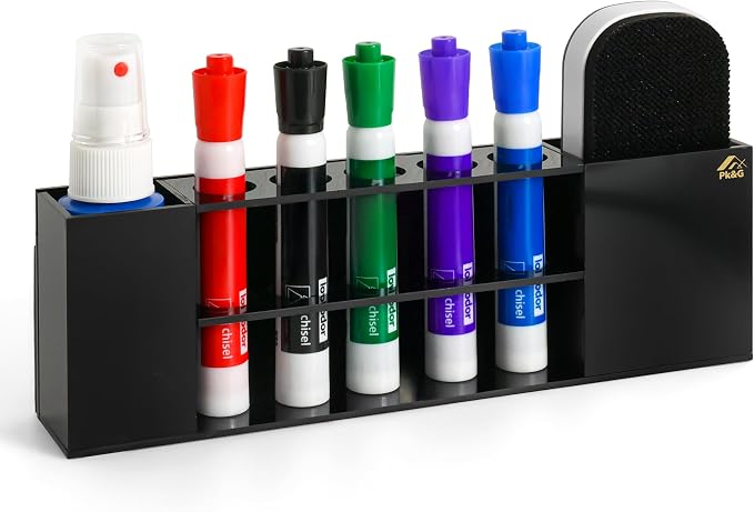 Slim Magnetic Dry Erase Marker Holder for Whiteboard, Space Saving Pen Organizer with Glass and Wall Mount Accessories for Fridge, Office, and School. Markers, Eraser, Cleaner Not Included (Black)