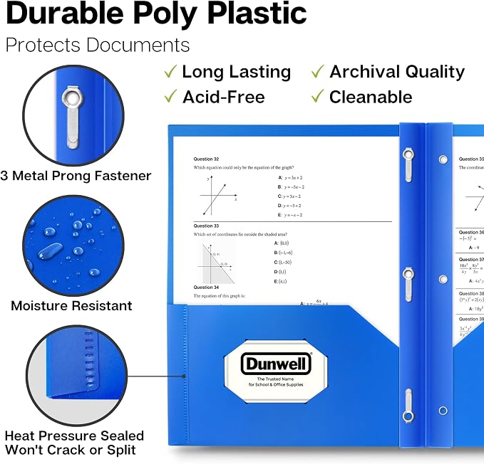 Dunwell Plastic Folders with 3 Prongs, (2 Pack, Blue), 2-Pocket Folders with Fasteners, Durable Acid-Free Poly for Long Term Use, Labels Included