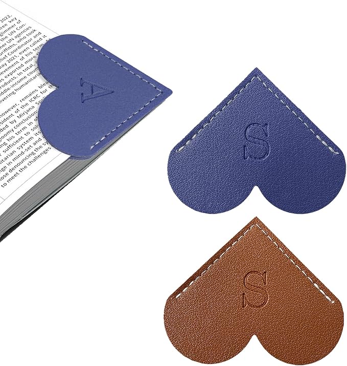 2Pcs Personalized Leather Heart Bookmark with Initial, 26 Letters Custom Corner Page Book Mark for Reading Women, Book Lovers, Teachers, Students, Cute Book Accessories Gifts(Blue+Dark Brown, S)