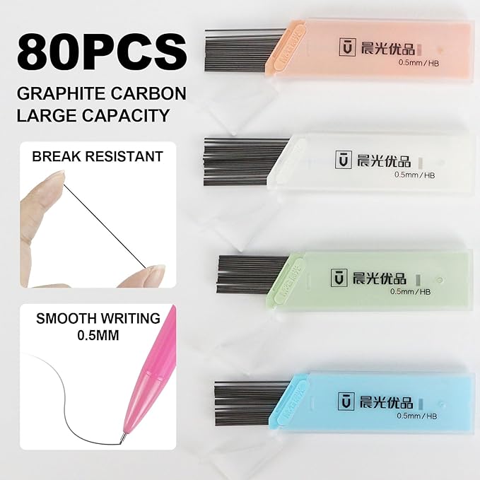 Buqoo Mechanical Pencil Set, 5PCS 0.5mm Cute Pastel Mechanical Pencils, 3 Candy Jelly Gradient Eraser with 80PCS HB 0.5 Lead Refill and Zipper Bag Pencil Kit for Art, Drawing Pencils for Sketching