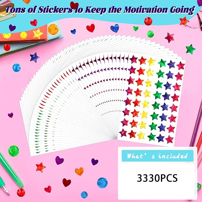 3330 PCS Holographic Glitter Stickers for Kids, 6 Styles Reward Stickers for School & Classroom, Teacher Supplies, Behavior Reward Charts, DIY Crafts & Decorations