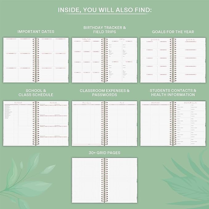 PLANBERRY Teacher Planner – Undated School Year Plan Book for Teachers with Calendars & Lesson Plans – Planner for Classroom Organization & Homeschool – 8”x10.5” Hardcover (Natural Green)