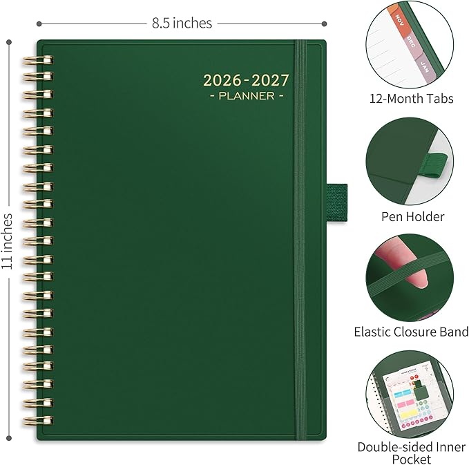 RETTACY Academic Planner 2026-2027, Weekly and Monthly, July 2026 - June 2027, Large Size (8.5" x 11"), Calendar, Agenda, 12-Month Tabs, for Student, Teacher, School (Dark Green)