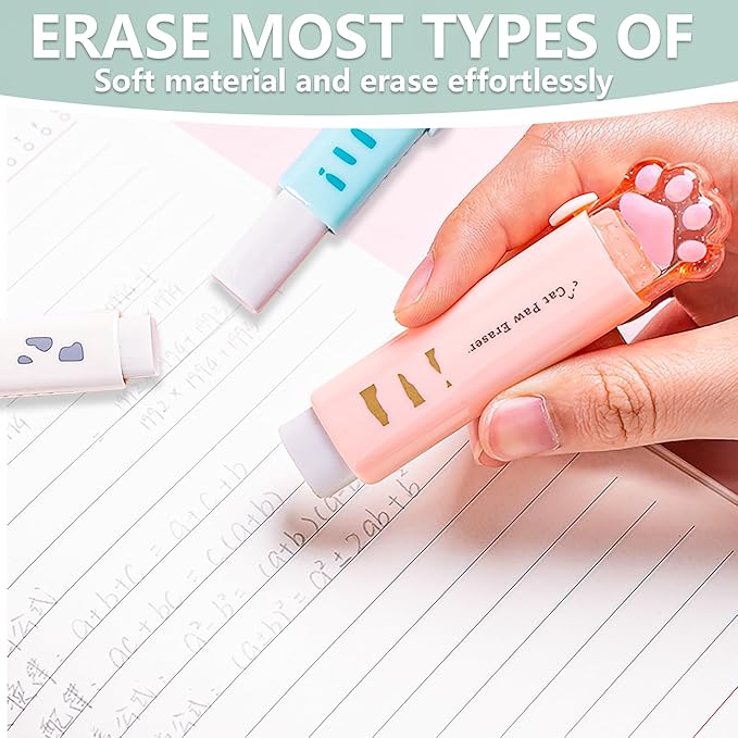 Retractable Pencil Eraser, Cute Erasers,Cat Paw Eraser,Suitable for School Home Office Supplies, 4Pcs (Eraser-BLFC)