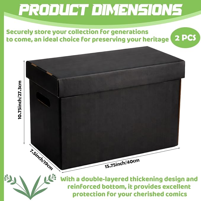 2 Pack Black Comic Boxes Comic Book Storage Box Short Cardboard for 150-175 Collectibles, Double Thickness Design Stackable Case for Silver Age and Modern Comics Books Showcase Collectibles