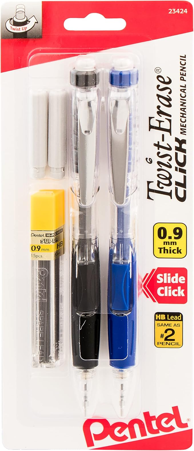 Pentel Twist Erase Click Automatic Pencil with 2 Eraser Refills and Lead, 0.9 mm, Assorted Barrels, Color May Vary, 2 Pack (PD279TLEBP2)