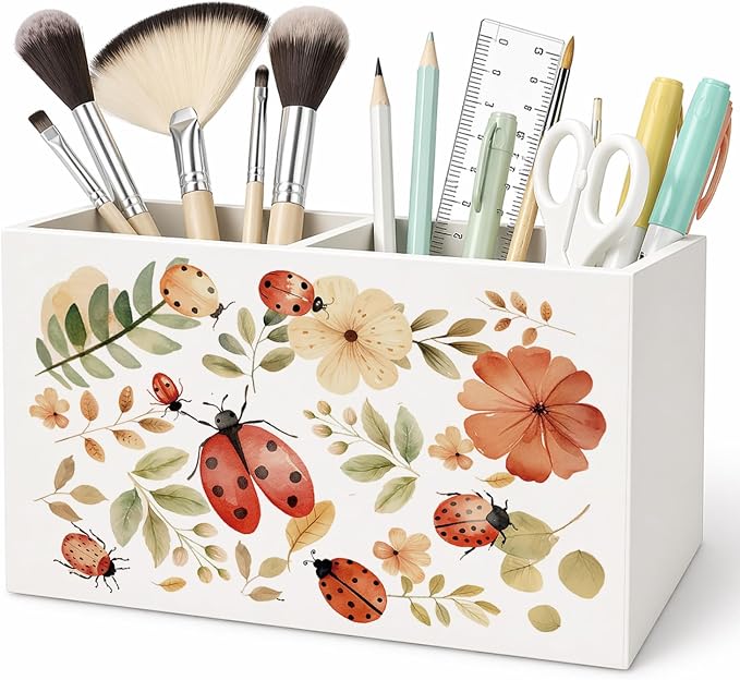 Ladybugs Floral Pen Pencil Holder for Desk Ladybug Gifts for Women, Cottagecore Wildflower Pencil Holders Wooden Box Organizer for Home Office Bedroom Desk Tabletop