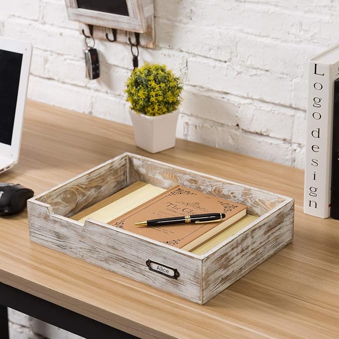 MyGift Rustic White Desktop Letter Tray - Shabby Whitewashed Wood Inbox Holder, Desk Paper File Folder Organizer Box with Metal Label