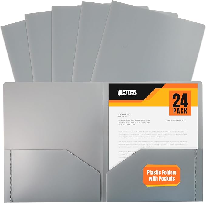 Better Office Products Heavyweight Gray Plastic 2 Pocket Portfolio Folder, Letter Size Poly Folders, 24 Pack, Gray