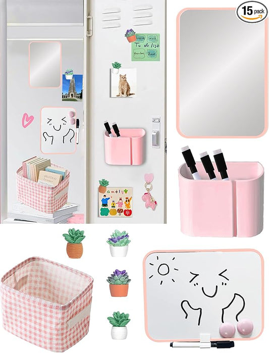 Pink Locker Accessories Kit for Girls with Locker Mirror, Pen Holder, Magnetic Whiteboard, Storage Basket, Magnets, 14 Piece Locker Organizer & Decor for School Work Locker, Back to School Essentials