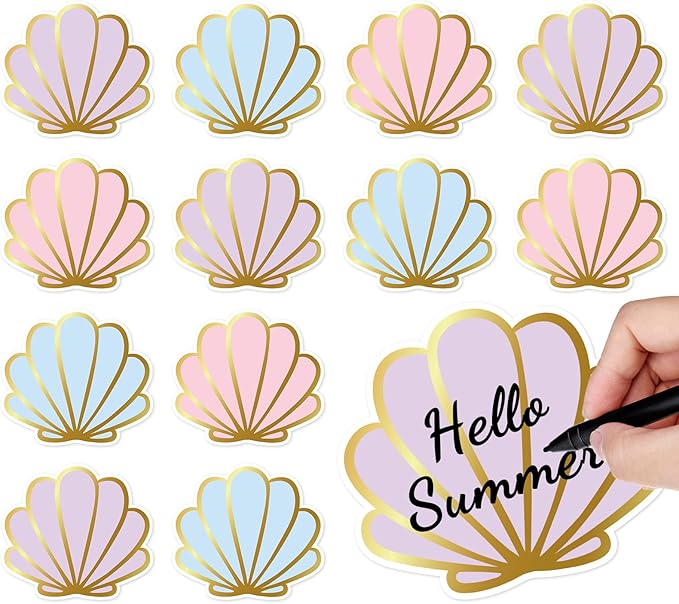 Whaline 48Pcs Seashell Cutouts Paper Cutting Pastel Pink Purple Blue Shell Cut-Outs with Gold Edge for Summer Sea Beach Party Supplies DIY Crafts