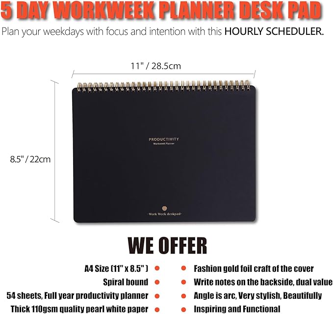 Weekly To Do List Planner with Hourly Schedule - A4 Workweek Desk Pad, 54 Sheets Weekday Planning Notepad, Workday Appointment Planner Book to Organize Your Daily Productivity - Undated Agenda