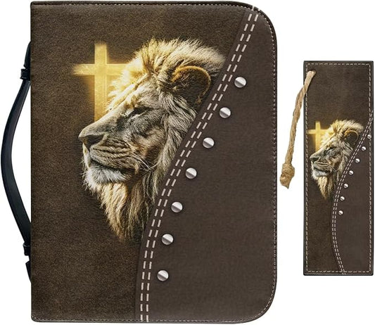 Retro Religious Cross and Lion Bible Case with Bookmark Waterproof Bible Cover Case for Women Lightweight Bible Bag with Handle Pockets Church Book Bag Brown