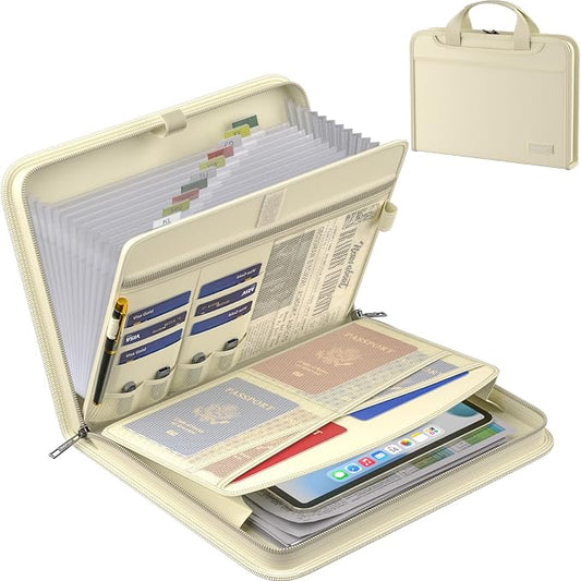 ENGPOW Accordion File Organizer,Fireproof Expanding File Folder with Multi Pockets,13 Pockets Document Organizer Bag with Handle & Labels,Portable Home Travel Safe Storage for Letter A4 Files,Beige