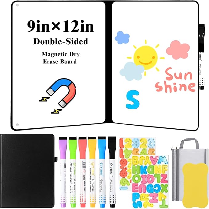 Double-Sided Magnetic Dry Erase Notebook, 9 x 12in Portable White Boards Dry Erase, Foldable Whiteboard Reusable Notebook, Dry-Erase Notebooks with 6 Dry-Erase Pens, School, Office, Meetings