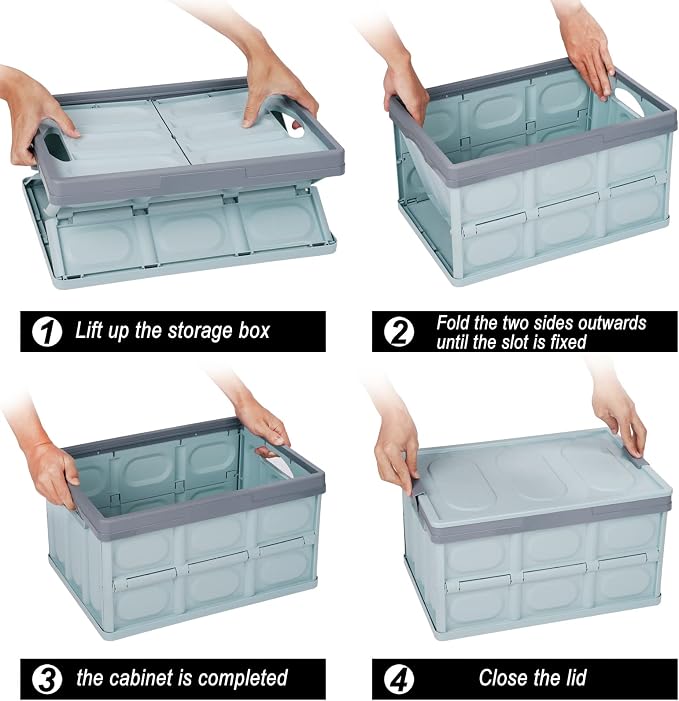 Lidded Storage Bin 2 Pack Plastic Storage Crates, 28L-Blue Stackable Plastic Storage Boxes Container, Collapsible Shelf Basket with Lid Home Office Kitchen Car Clothes Shoes Books Grocery Bins Holder