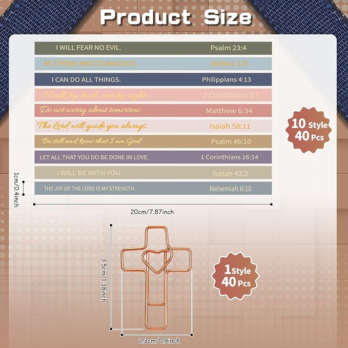 Resurhang 80 Pack Heart Cross Paper Clips with Ribbons 40 Rose Gold Bible Paper Clips 40 Christian Bookmark Ribbons Bible Study Journaling Supplies Easter Eggs Fillers Women Christian Gifts