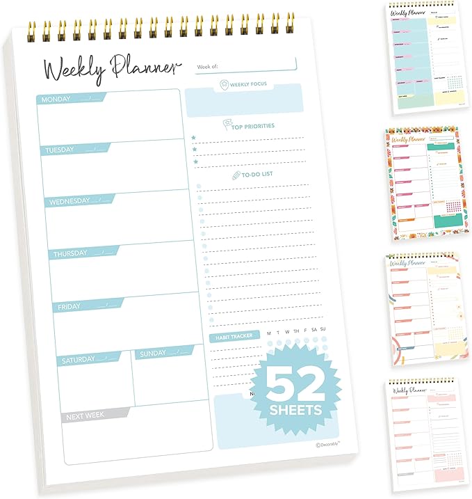 Decorably 52 Sheets Blue Undated Weekly Planner Only Day Sheets Journal - 6.5x10in Spring-Bound, Easy Tear-Off Design, with Focus, Priorities, to-do List, Habit Tracker & Notes - Home, School, Office