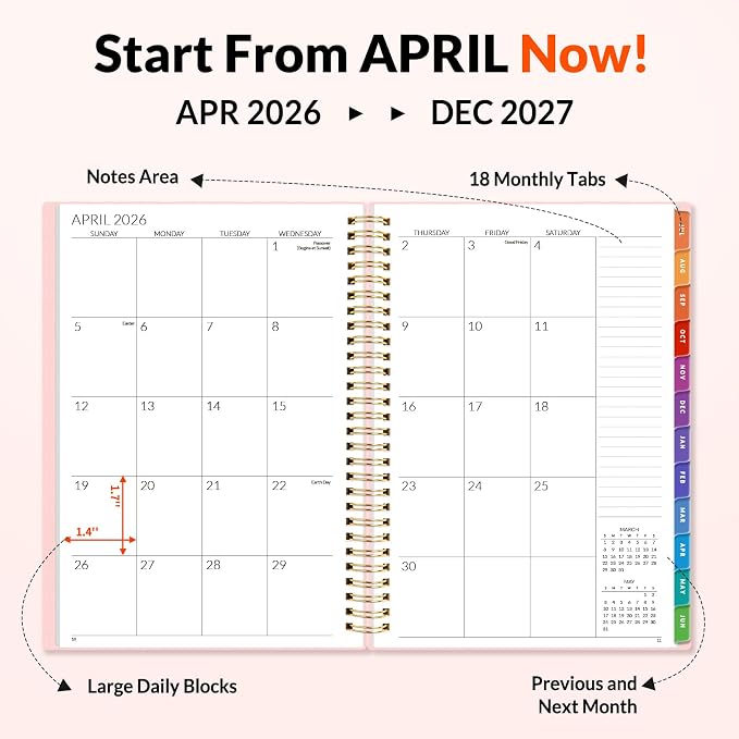 SUNEE Monthly Planner 2026-2027 - 18 Months Calendar Planner from Jul 2026 to Dec 2027, 7"x10" Yearly Planner with Tabs, Spiral Binding, Organizer for School Office Home, Pink
