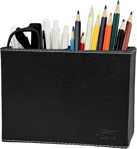 Black Pen Holder, Double Slots Leather Pencil Holder, Elegant Pen Holder for Desk, Stationery Organizer for School Office Home Dorm