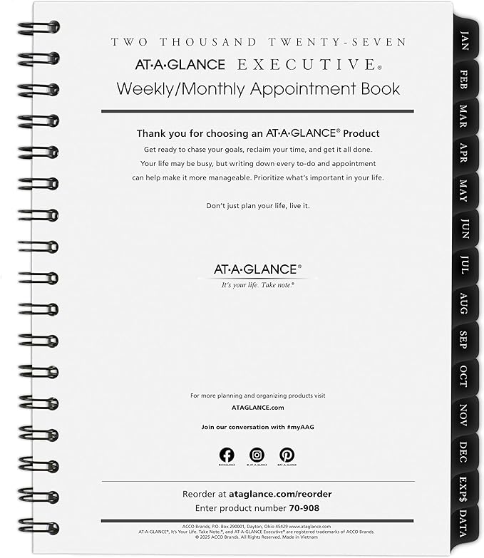 AT-A-GLANCE 2027 Appointment Book Planner Refill, Weekly & Monthly, 6.5" x 8.75", Executive (709081027)