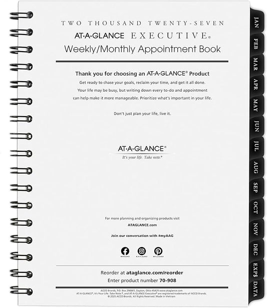 AT-A-GLANCE 2027 Appointment Book Planner Refill, Weekly & Monthly, 6.5" x 8.75", Executive (709081027)