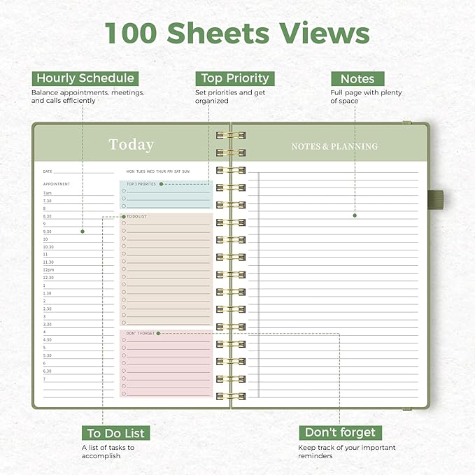 Oucaru Undated Daily Planner, A5 Spiral Notebook with Hourly Schedule, To Do List, Priorities, and Notes for Productivity - Easily Organize Your Tasks, Appointments & Goals for Women
