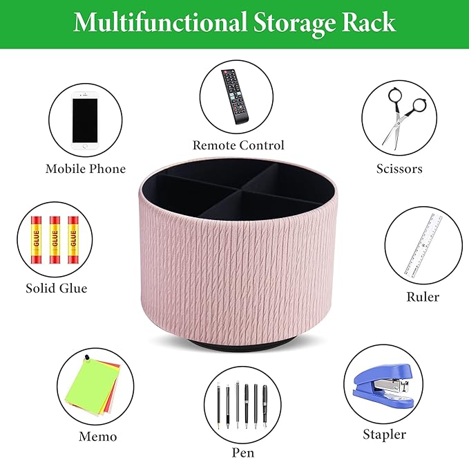 Round Leather Art Supply Organizer,Remote Control Holder,360 Degree Spinning,Multi-Functional Pencil Holder,4 Compartments Desktop Stationary Organizer(1-Wood Pink2)