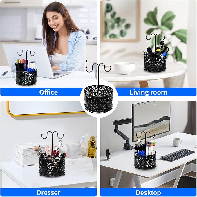 360 Degree Rotate Pen Holder for Desk Mesh Desk Pen Organizer Pencil Holder Large Capacity Accessories & Workspace Organizers for School,Home (Black rose lace pattern, With hook)