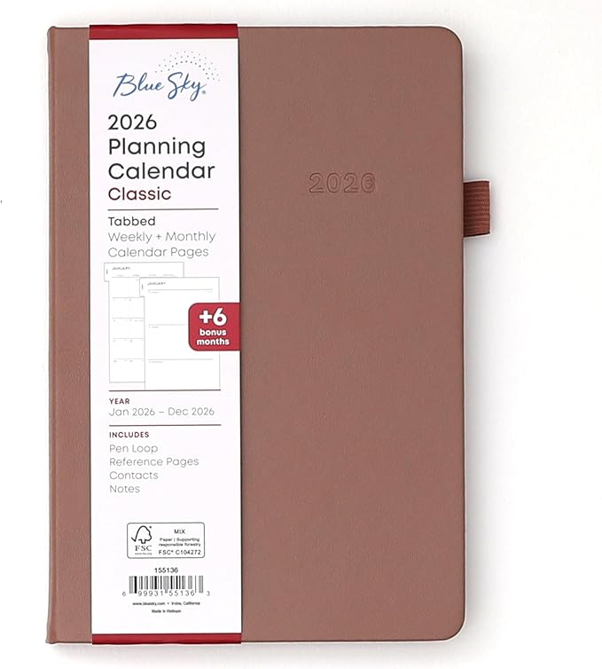 Blue Sky 2026 Weekly and Monthly Planner Calendar, January 2026 - December 2026, 5" x 8", Faux Leather Hard Cover, Bookbound, Tabs, Pen Loop, Soft Brown
