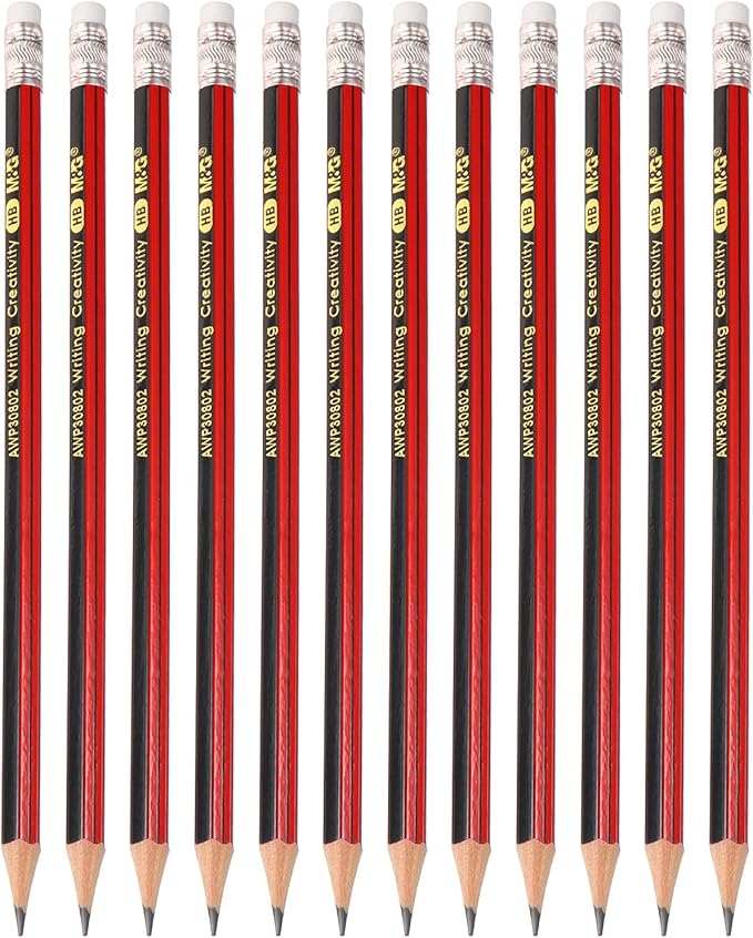 M&G Wooden Hexagonal Pencils, 12 Pcs HB Graphite Round Pencils with Eraser for Classroom & Office, Red & Black