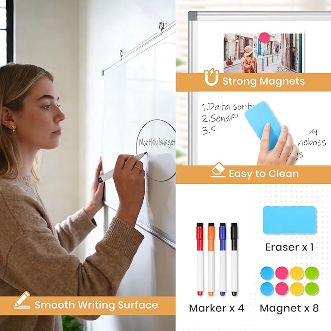 Double Sided Magnetic White Board, 36"x24" Dry Erase Whiteboard for Wall with Aluminum Frame Presentation Board for School, Office and Home