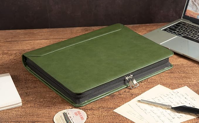 AZXCG Leather Binder Portfolio, Zippered 3 Ring Binder Padfolio, Vegan Leather Resume Portfolio, Business Document Organizer Folder for A4 Legal Pads, Gift for Women/Men, Green