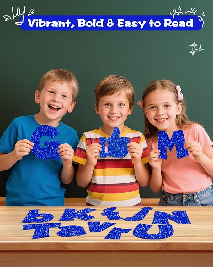 249 Pcs Glitter Bulletin Board Letters Numbers and Punctuation, 4 Inch Alphabet Poster Board Cardboard Letter Cutouts with Adhesive Dots for Classroom Bulletin Board School Decorations (Blue)