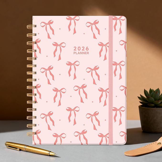 2026 Planner Weekly and Monthly, Jan.2026 - Dec.2026, Hardcover Calendar 2026 Agenda Daily Planner Book Spiral Notebook with Monthly Tabs, 6.1" x 8.3", Pink Bow
