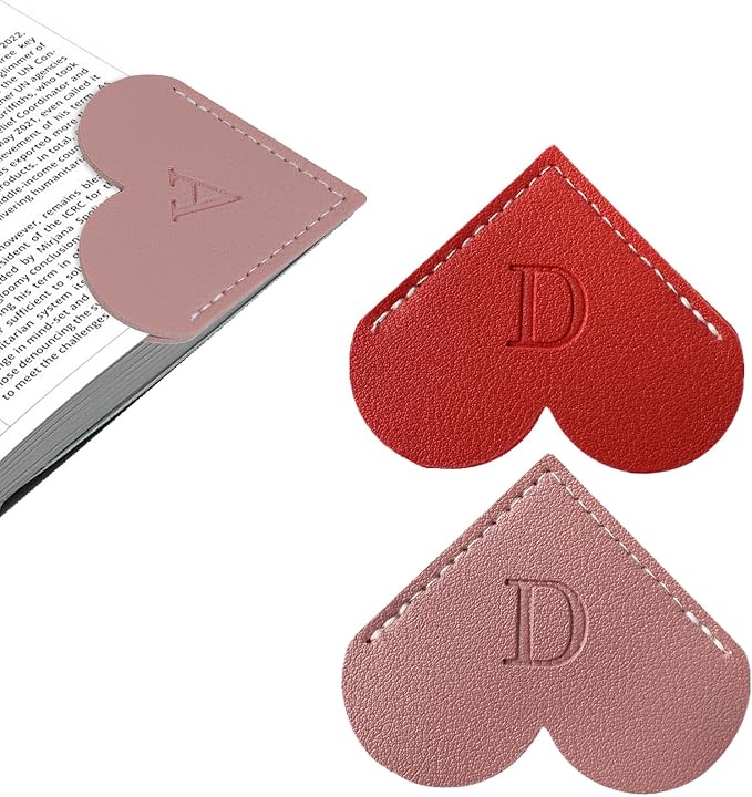 2Pcs Personalized Leather Heart Bookmark with Initial, 26 Letters Custom Corner Page Book Mark for Reading Women, Book Lovers, Teachers, Students, Cute Book Accessories Gifts(Red+Dark Pink, D)