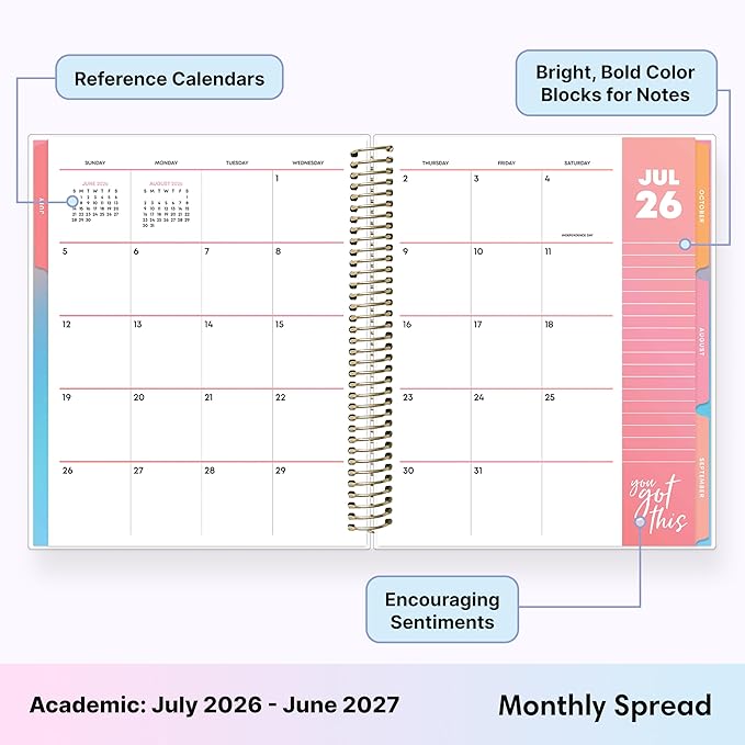 Blue Sky Livewell 2026-2027 Weekly and Monthly Academic Year Planner Calendar, July 2026 - June 2027, 7" x 9", Flexible Cover, Wirebound, Colorful Interior, Laminated Tabs, Storage Pocket, Includes Stickers, Rainbow