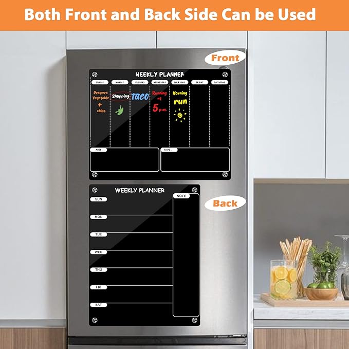 Kamehame Weekly Dry Erase Board for Refrigerator, Magnetic Weekly Calendar for Fridge, Black Acrylic Note Board, Planner Schedule Board, Double-Sided Use