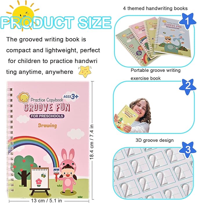 4 Pc Magic Grooved Practice Copybook,Reusable Letter Tracing Books,Handwriting Practice Book and Preschool Learning Activities, Writing Practice for Kids Ages 3-8 Calligraphy (4pc+Pens)（7.4in x 5.1in)