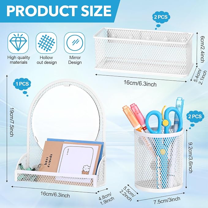 Weysat Set of 5 Magnetic Locker Accessories Mirror with 2 Magnetic Pen Holder and 2 Wire Mesh Storage Basket for Students Back to School Locker Organizer for School Office(White)