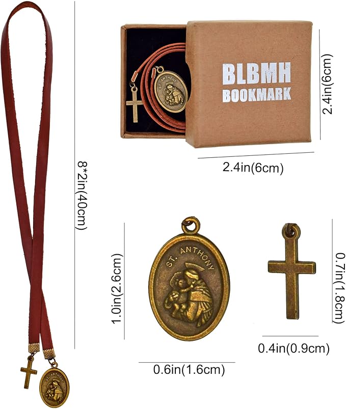 BLBMH Genuine Leather Bible Bookmark with Cross | Catholic Gifts for Men Dad | Christian Book Marker with Ribbon - Saint Anthony - LB3