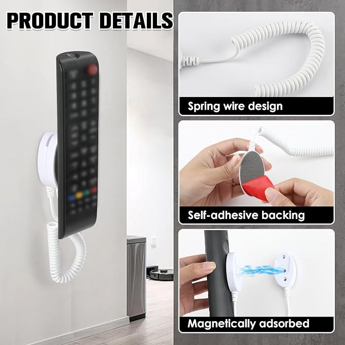 Magnetic Remote Leash Control Holder with Security Cable, Retractable Tidy Anti-lost Rope Organizer Easy Installation Stable Suitable for Projector TV Fan and Air Conditioner Remotes (4Pcs White, L)