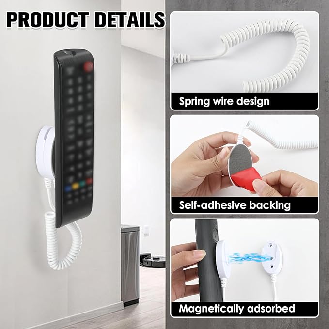 Magnetic Remote Leash Control Holder with Security Cable, Retractable Tidy Anti-lost Rope Organizer Easy Installation Stable Suitable for Projector TV Fan and Air Conditioner Remotes (4Pcs White, L)