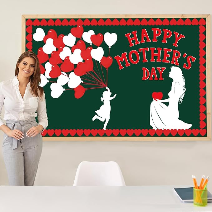 QOUBAI Mother's Day Bulletin Board Set Happy Mother's Day Classroom Bulletin Board Decorations Mother Child Silhouette Cutouts DIY Craft Decor for Preschool Nursery Toddler Kids Decor Wall Door