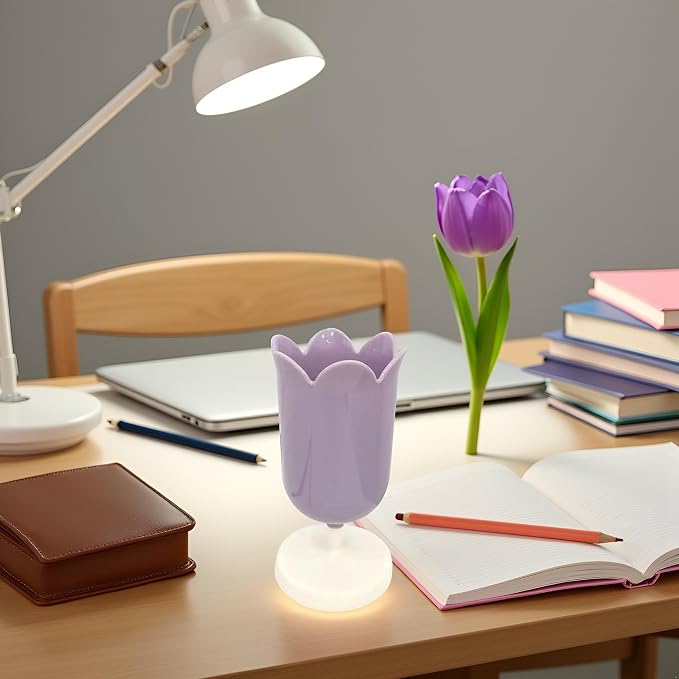 Purple Pen Holder for Desk, Plastic Tulip Pen Holder Girl Small Makeup Box Cute Stationery Organizer Pencil Stand Case Pencil Cups Desktop Decoration Pencil Holders Desk Supplies Holders